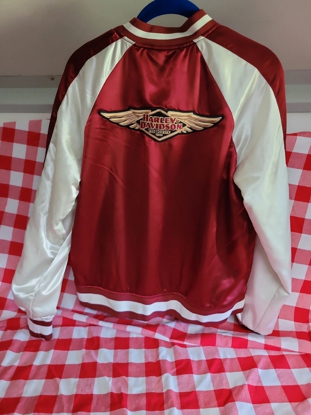 Harley-Davidson Red and White Satin Varsity with Embroidered Wing Logo Womens
